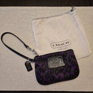 Coach Poppy Daisy Ocelot Purple Canvas & Black Leather Wristlet & Dust Bag NWOT